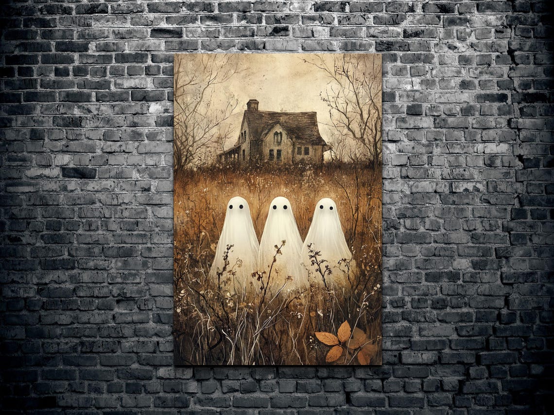 Three Ghost Friends Old Farmhouse Vintage Halloween Art Poster - Image 2