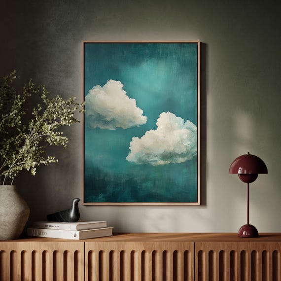 Serene Cloudscape Wall Art Minimalist Sky Painting With Dreamy White Clouds On Teal For Tranquil Home Decor