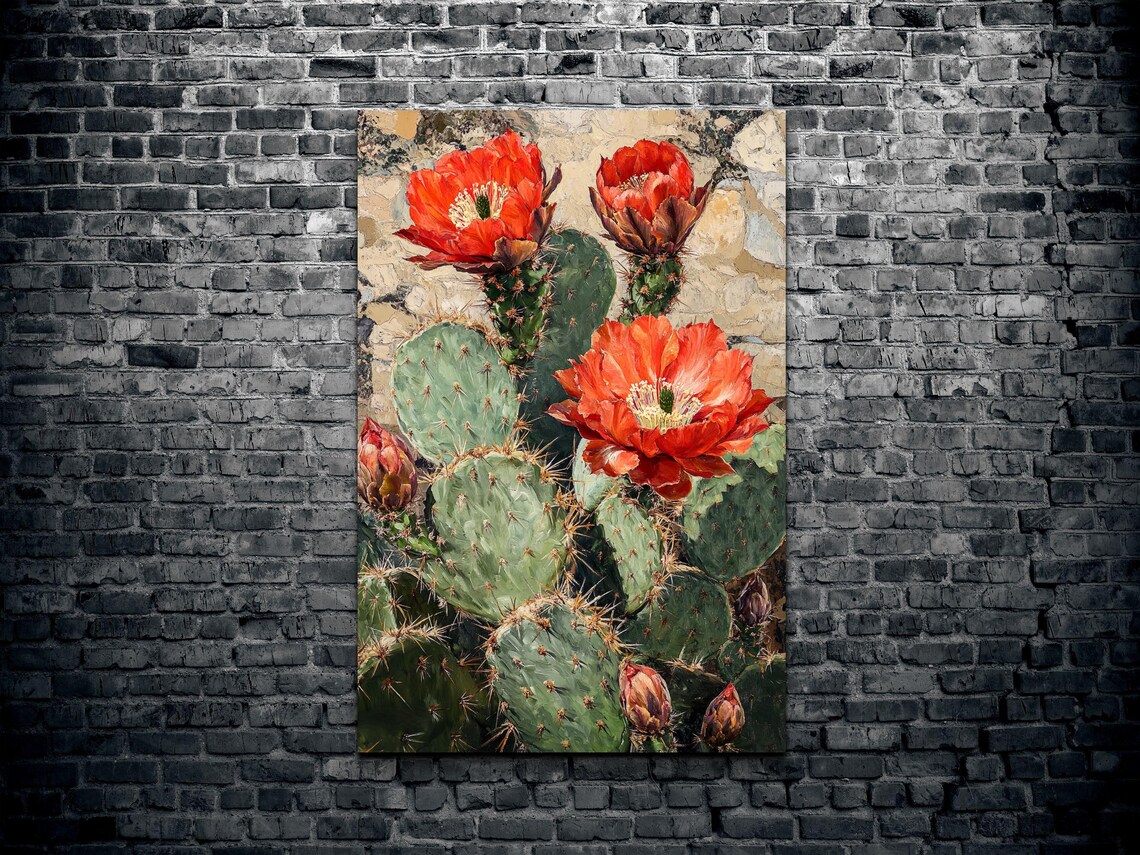 Prickly Pear Cactus Red Orange Blooms Stone Wall Desert Art Poster - Image 3