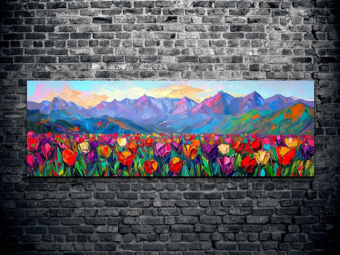 Colorful Tulip Field Mountain Sunset Panoramic Impasto Art Poster - Image 2