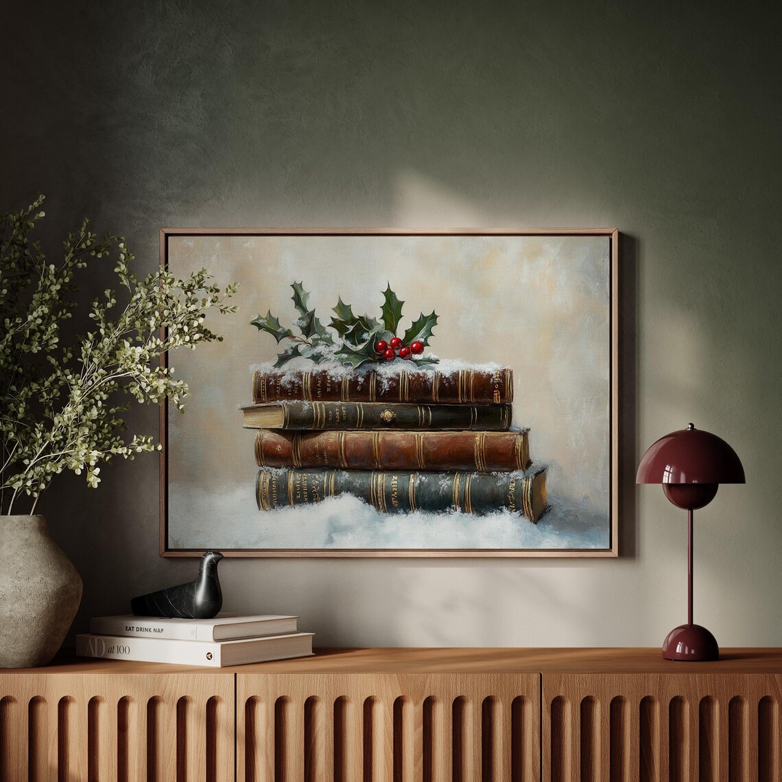 Stacked Antique Books Snow Holly Christmas Vintage Winter Art Poster