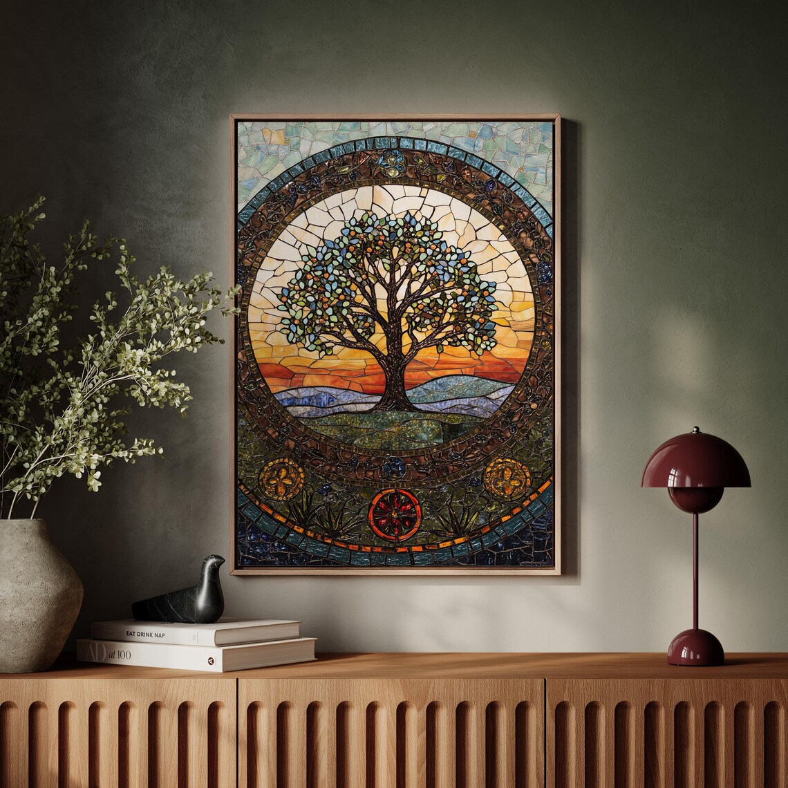 Stained Glass Tree Of Life Mosaic At Orange Sunset With Hills Poster - Image 7