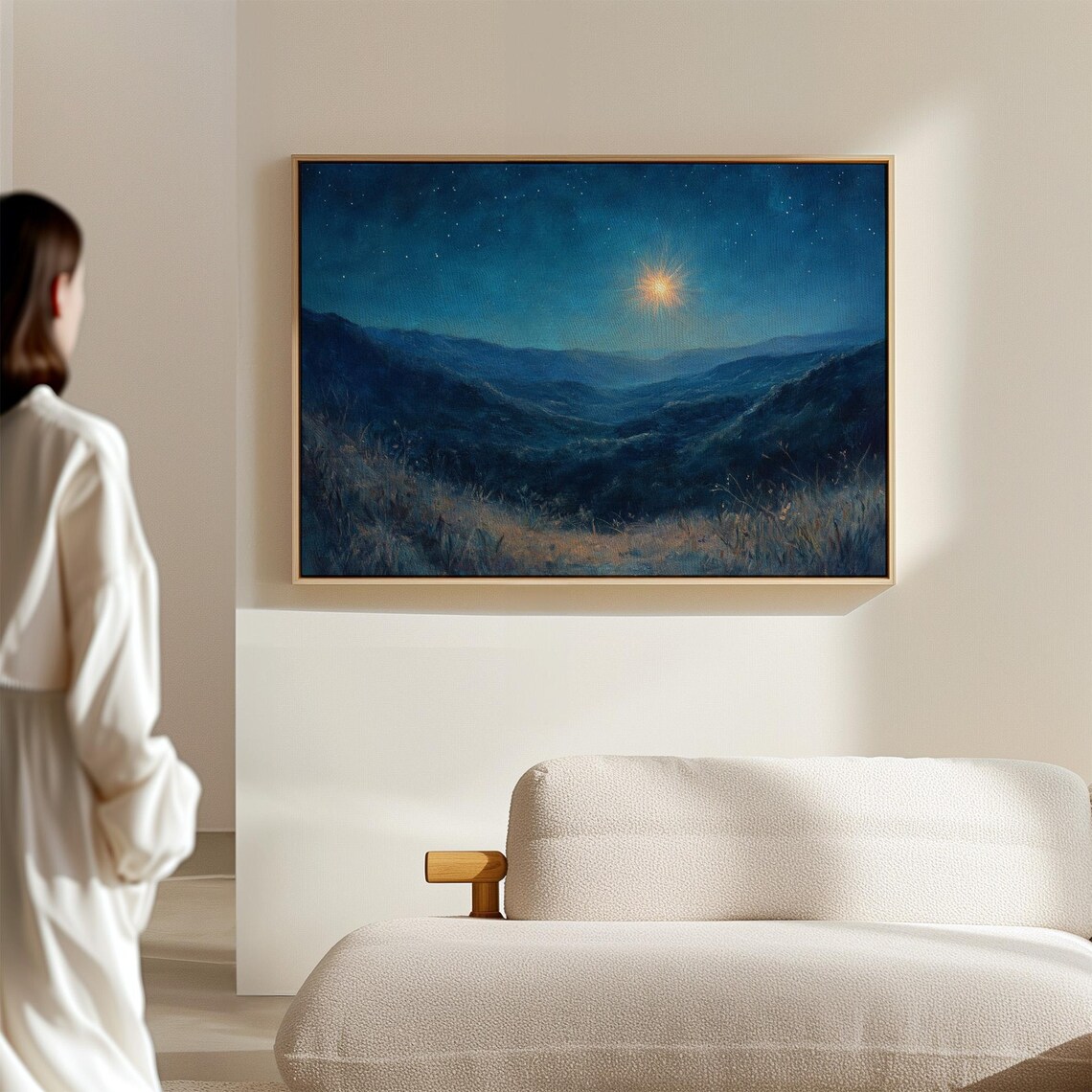 Bright Star Over Moonlit Blue Valleys Serene Night Sky Wall Art - Image 7