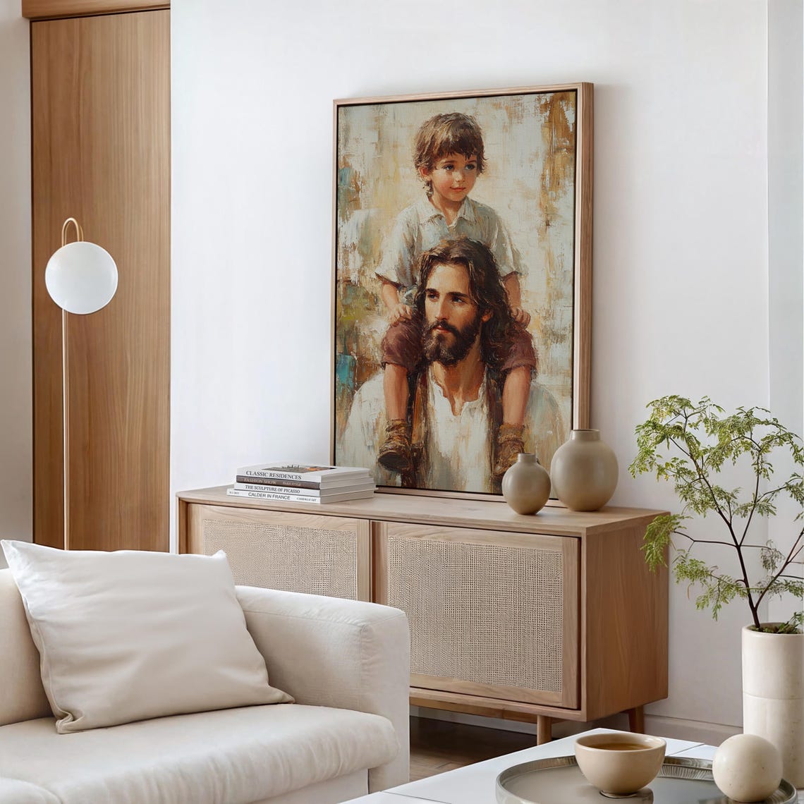 Boy Sitting on the Shoulders of Jesus in a Warm Portrait Poster - Image 5