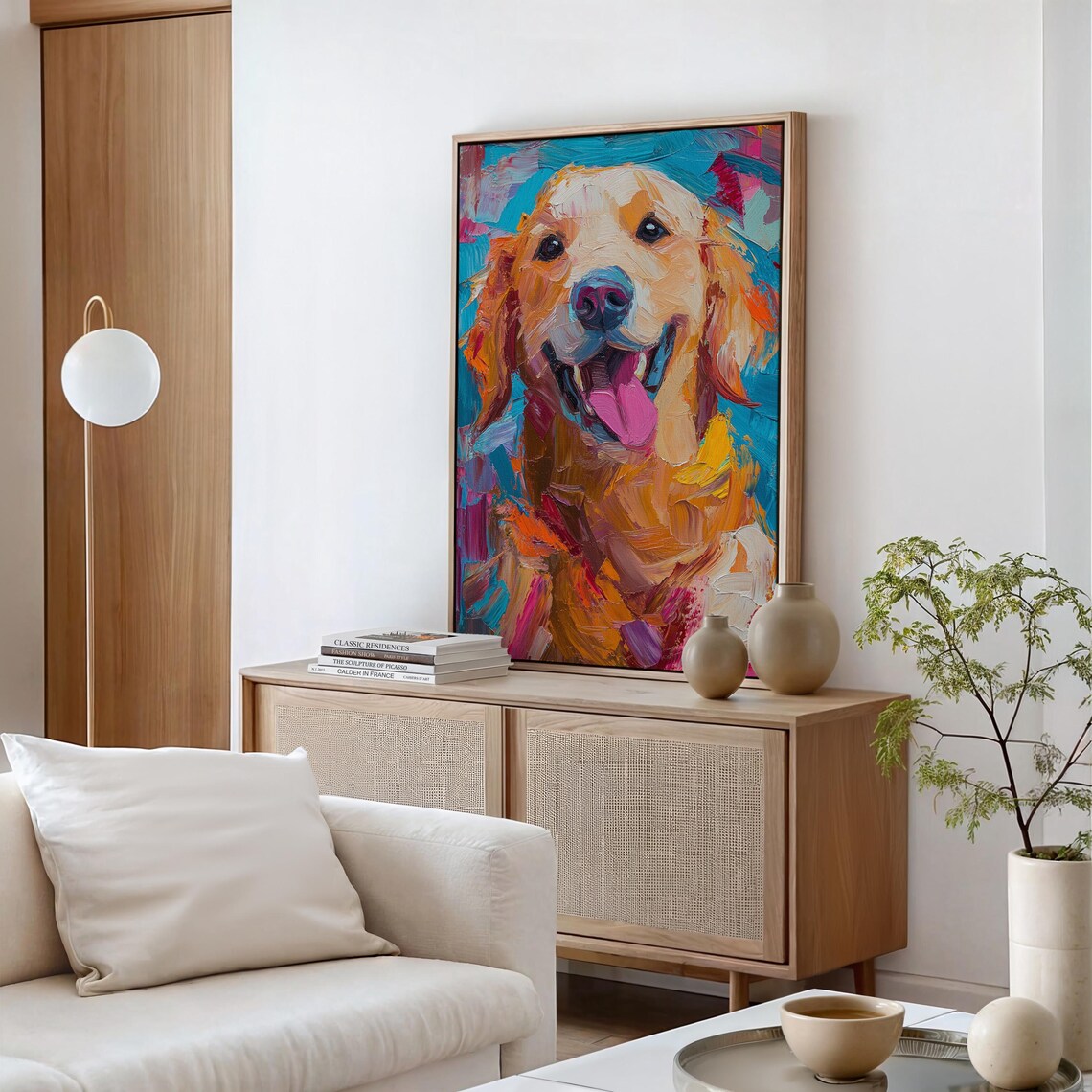 Golden Retriever Smiling Face Vibrant Textured Oil Painting Wall Art - Image 5