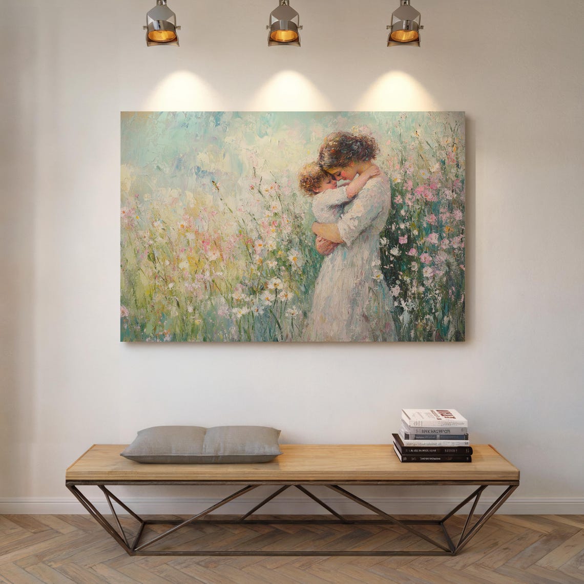 Mother And Child Hugging In Floral Field Art Impressionist Wall Decor Vintage Painting Of Motherhood And Natures Beauty - Image 5
