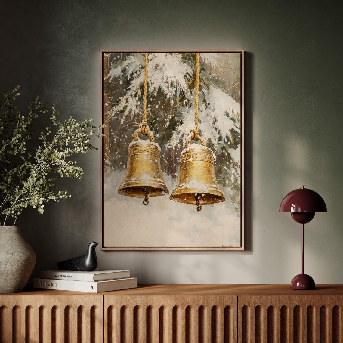 Two Golden Christmas Bells Hanging in Snowy Pine Forest Art Print - Image 7
