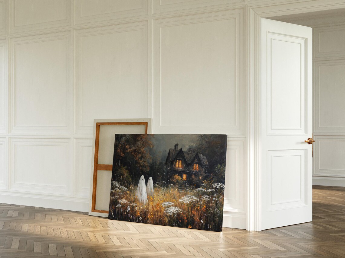 Ghosts In Autumn Meadow By Haunted Cottage Moody Halloween Poster