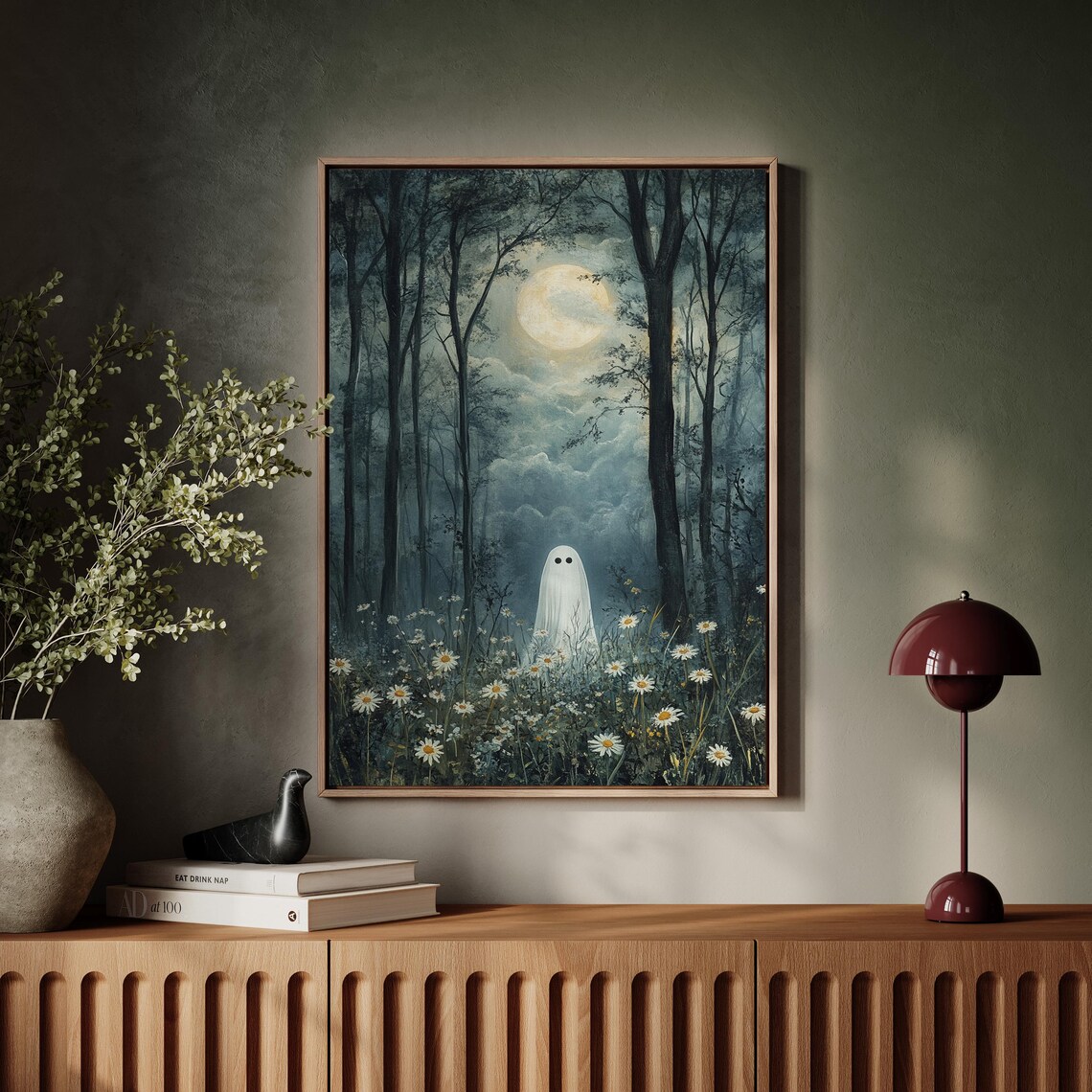 Cute Ghost In Moonlit Forest Full Moon Daisies Spooky Sweet Wall Art Poster - Image 4
