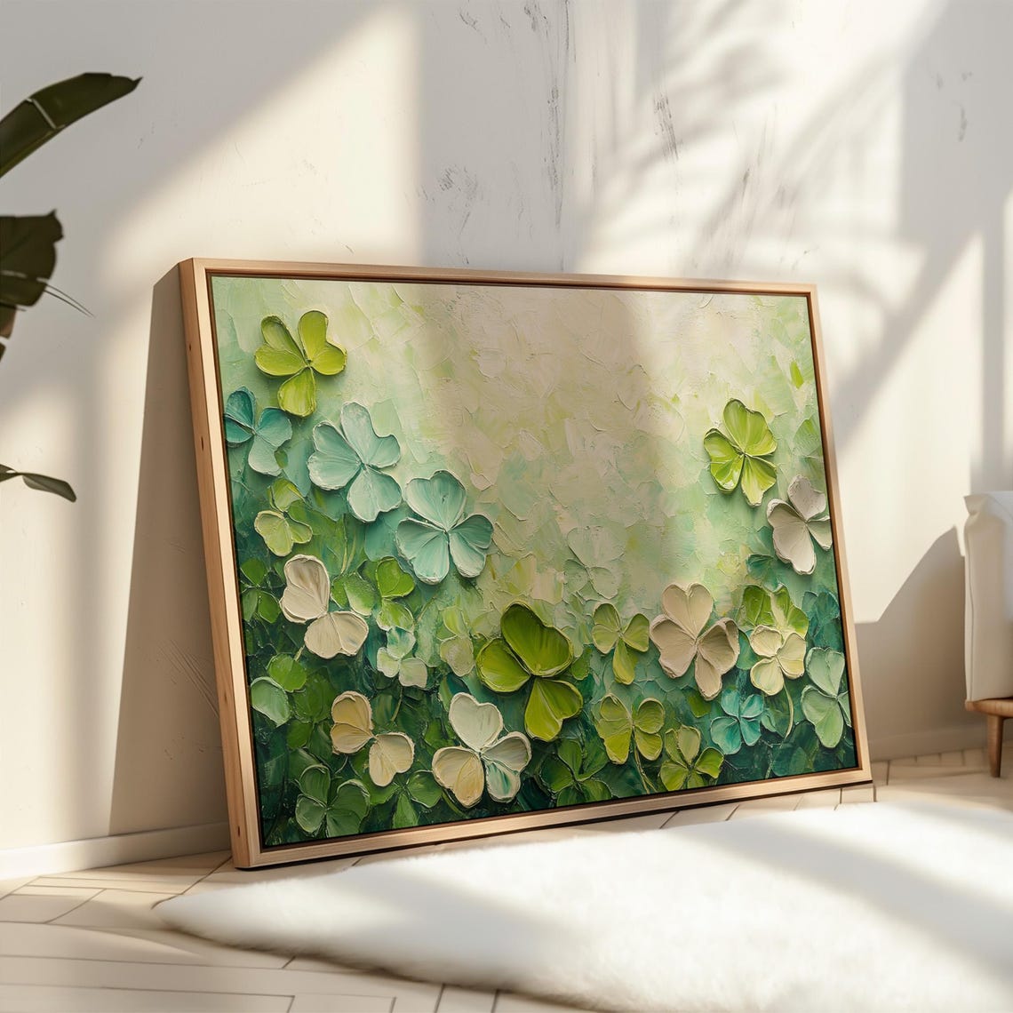 Impasto Green And White Clovers Textured Botanical Garden Wall Art - Image 4