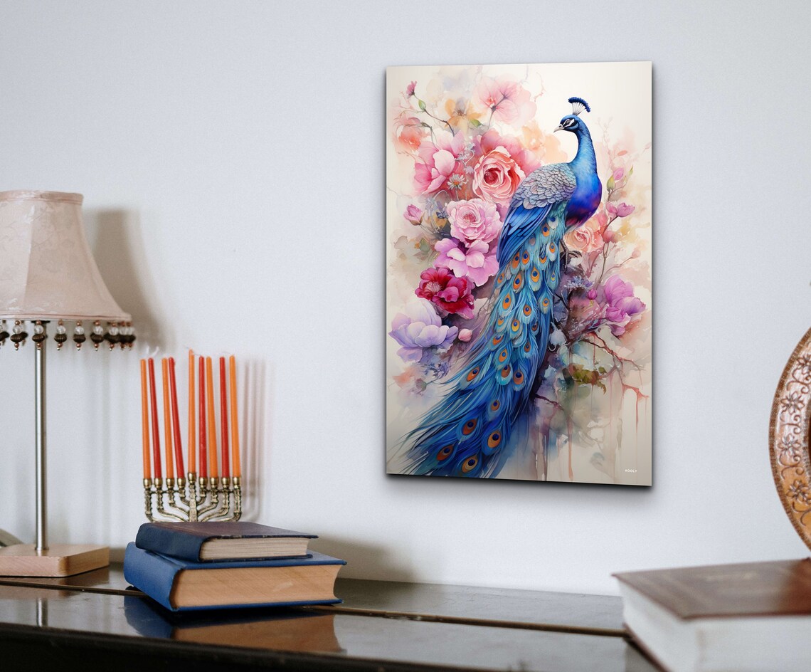 Peacock With Pink Flowers Vintage Oil Painting Style Art Poster - Image 4