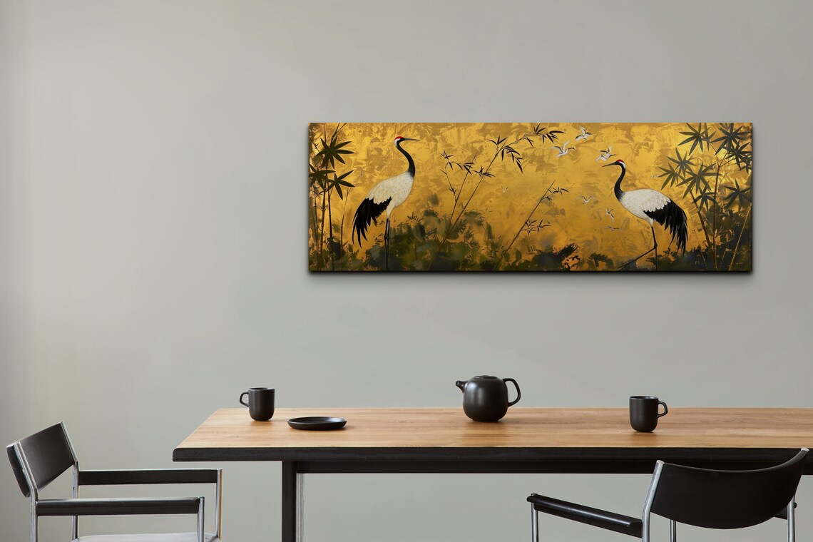 Red Crowned Cranes and Bamboo on Gold East Asian Style Poster - Image 3
