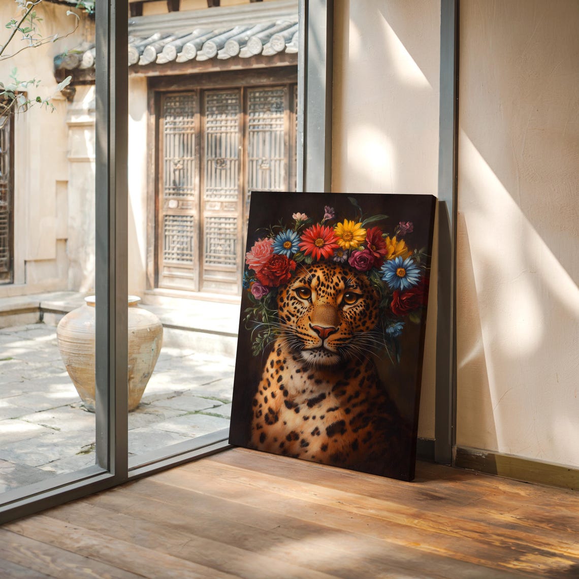 Leopard Portrait Wearing Vibrant Flower Crown Dark Floral Poster - Image 4