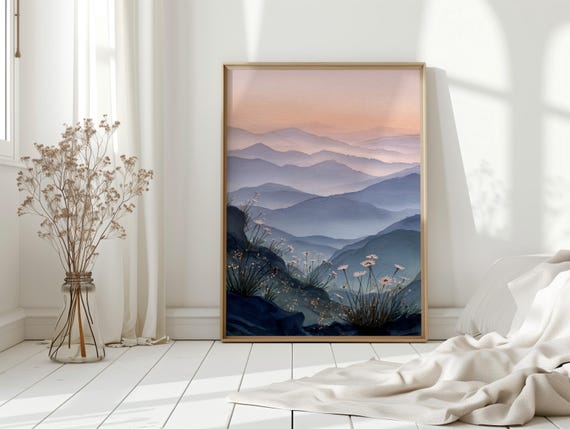 Serene Mountain Landscape Canvas Wall Art Misty Blue Mountains With Wildflowers Peaceful Watercolor Nature Painting For Home Dcor