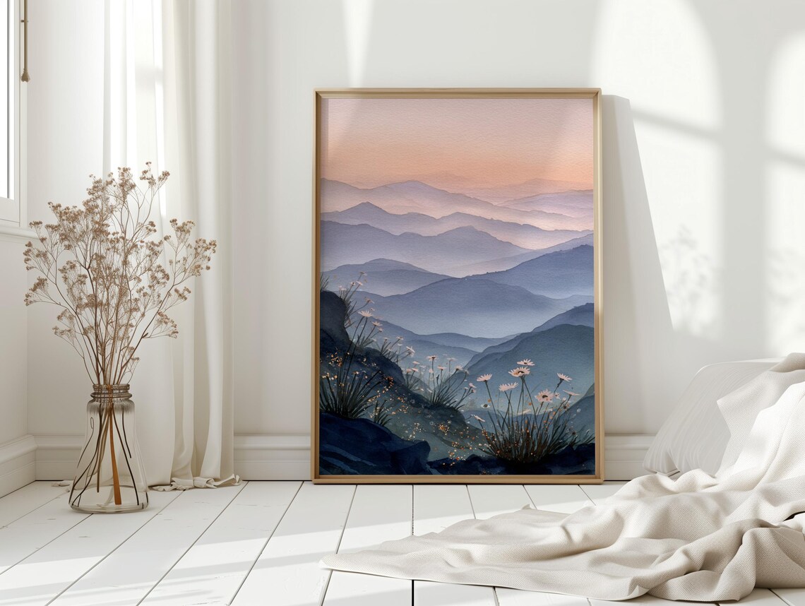 Misty Blue Mountains Layered Peaks with Wildflowers Watercolor Poster