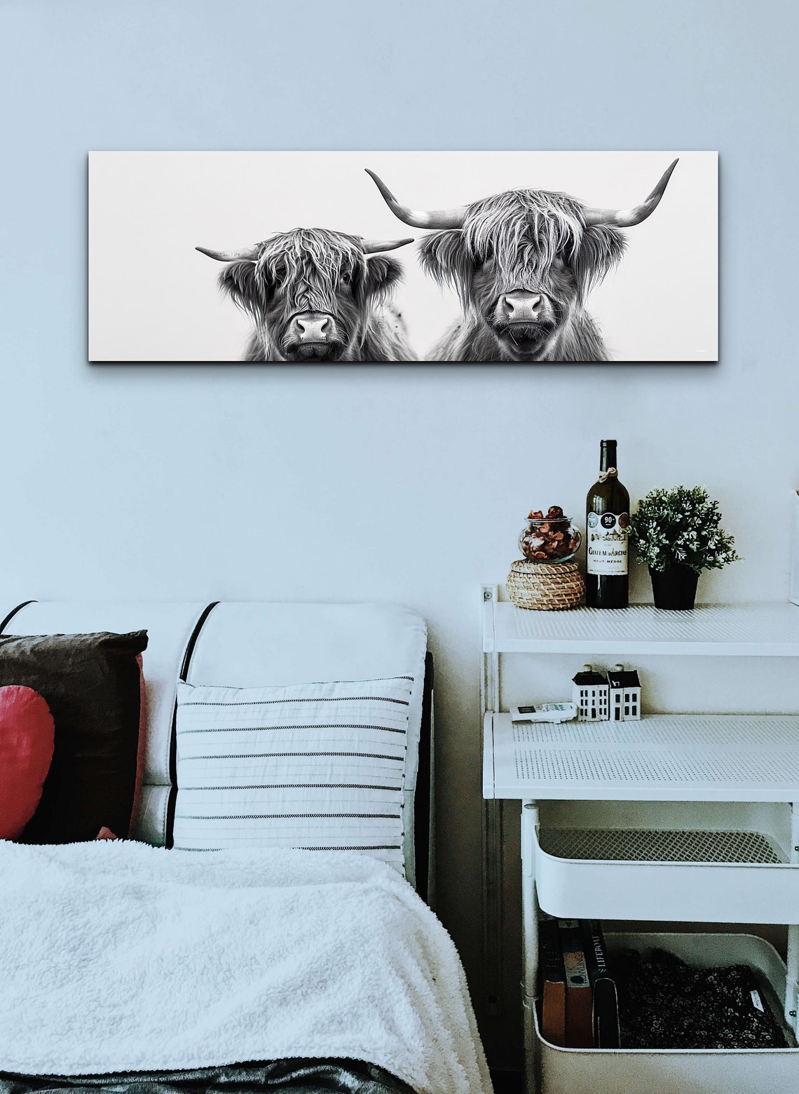 Highland Cow Pair Black and White Panoramic Farmhouse Wall Art - Image 4