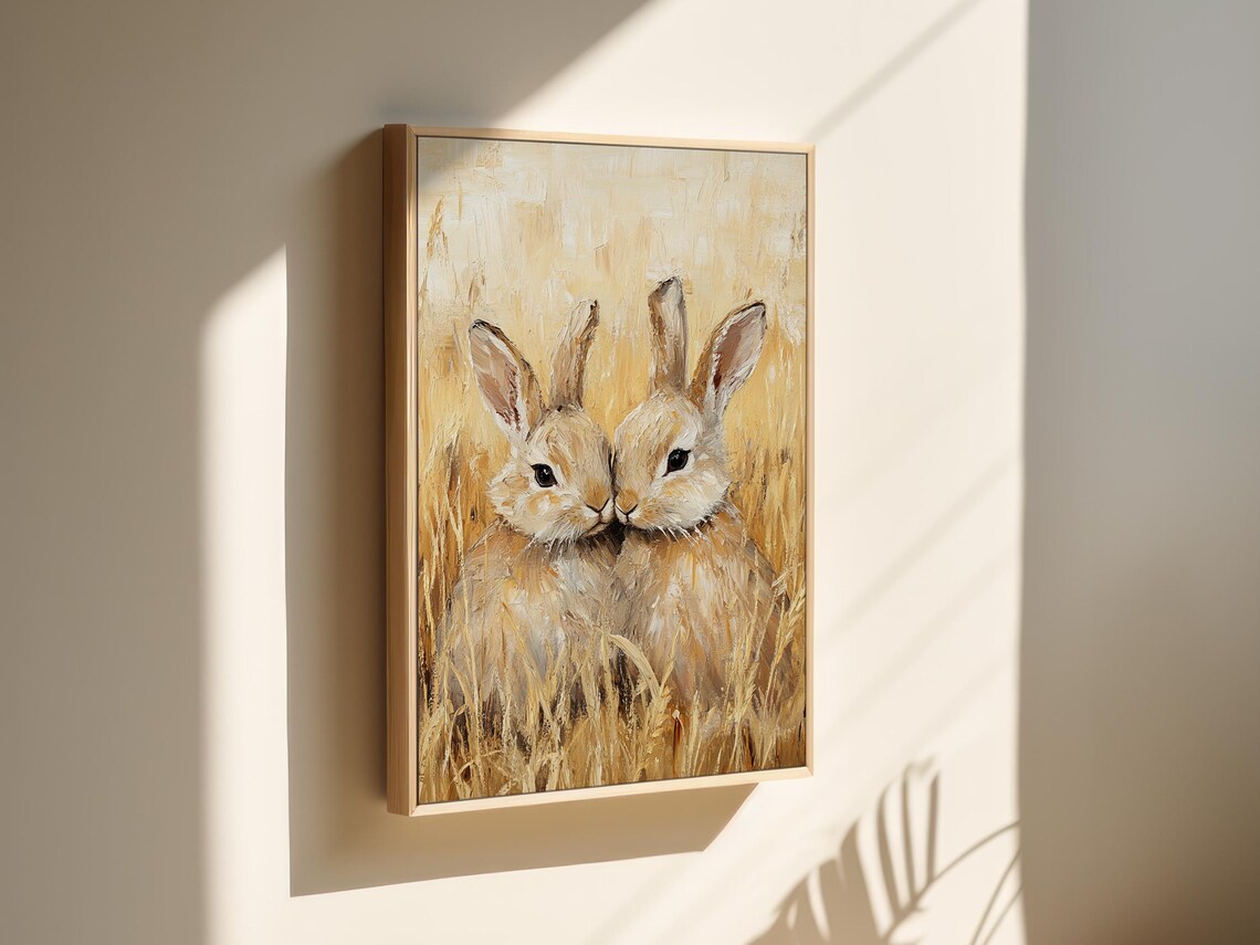 Two Bunnies Nose to Nose in Golden Wheat Field Sweet Painting Wall Art - Image 6
