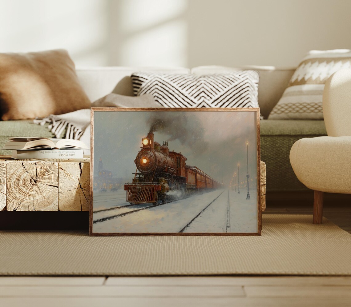 Vintage Steam Train in Snow Wall Art Night Locomotive Winter Scene