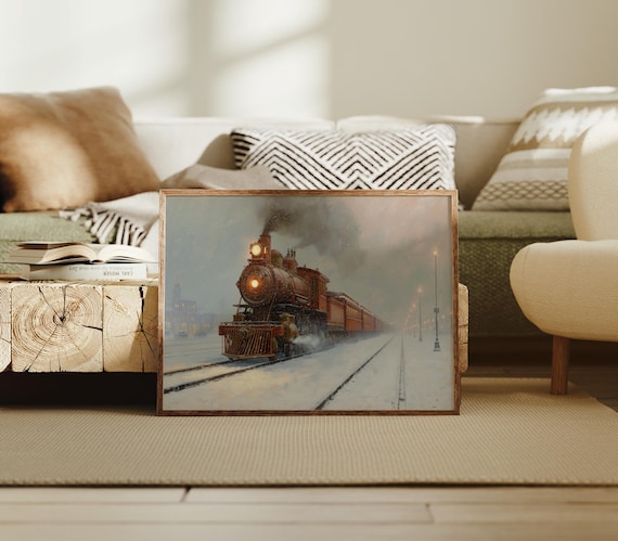 Vintage Steam Train in Snow Wall Art Night Locomotive Winter Scene