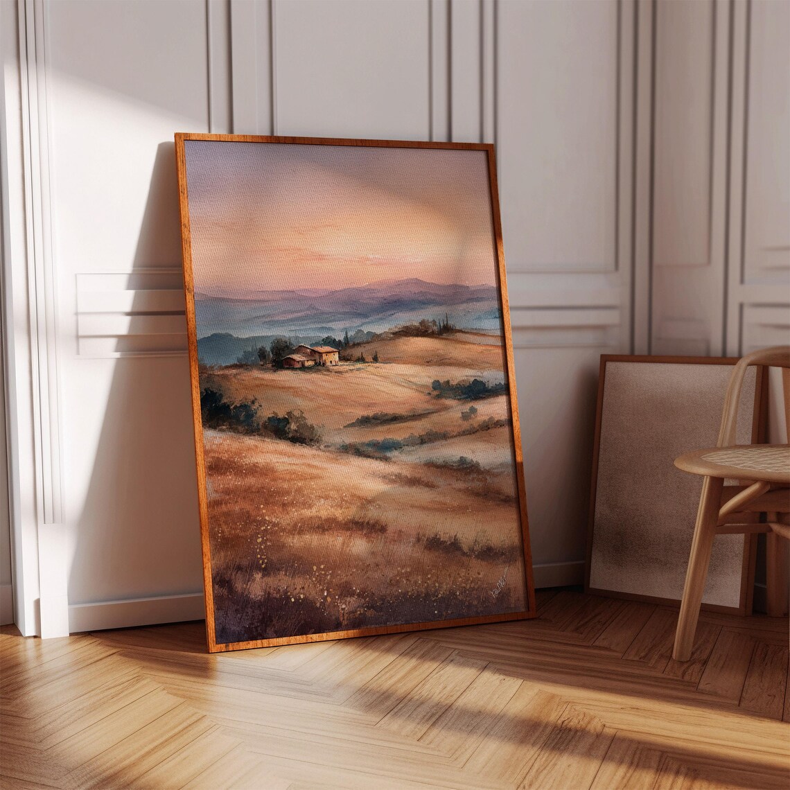 Tuscan Countryside Sunset Golden Rolling Hills Farmhouse Landscape Print