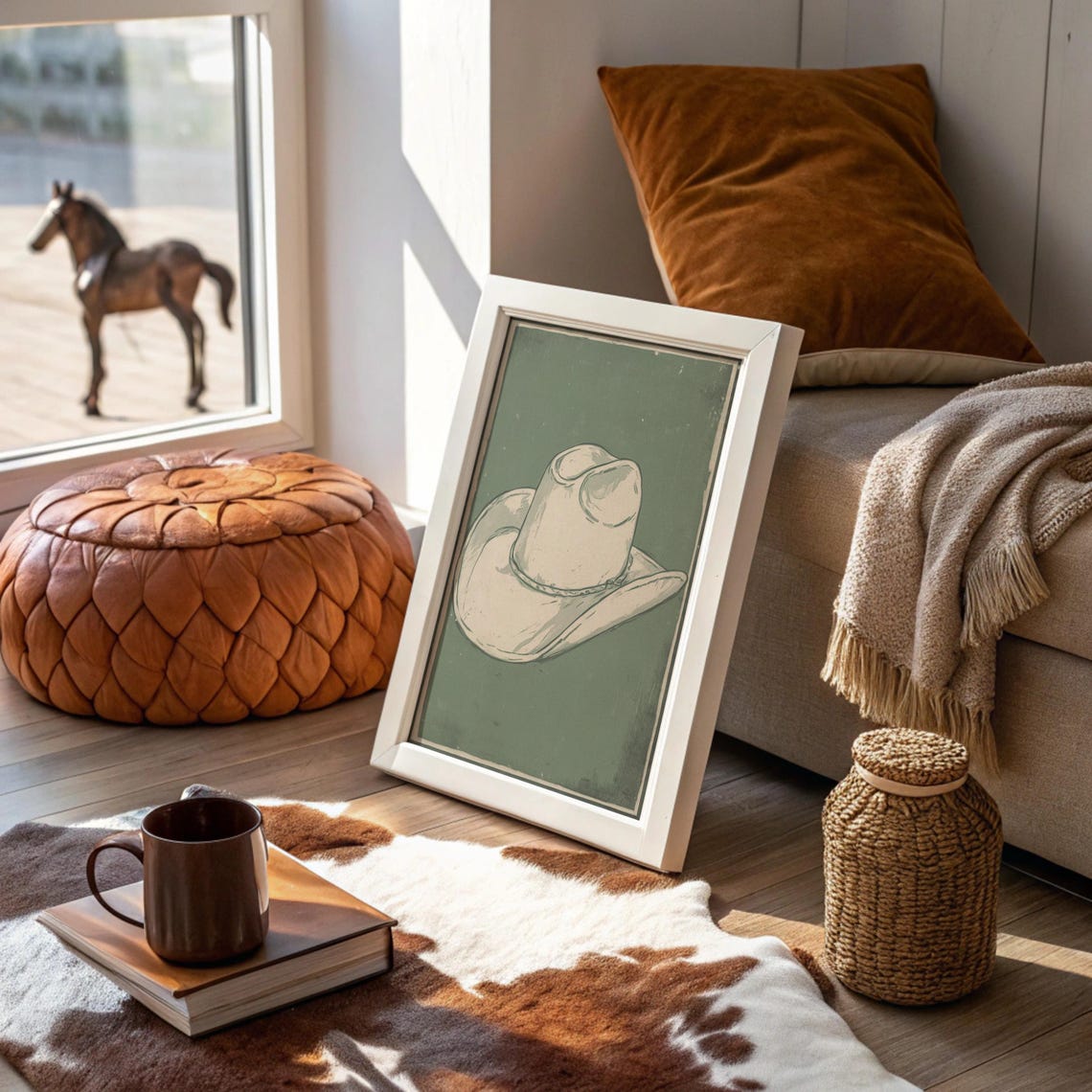 Vintage Cowboy Hat Sketch On Sage Green Western Decor Poster