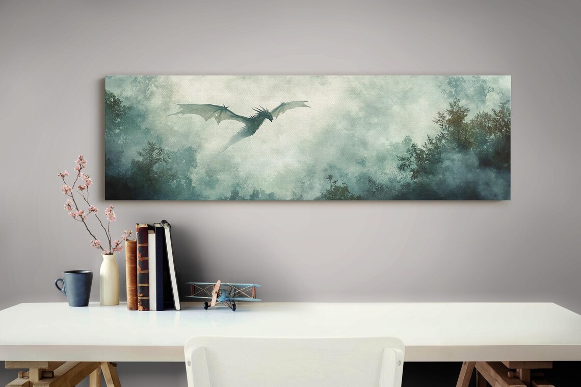 Mystical Dragon Flying Over Foggy Forest Enchanting Panoramic Wall Art For Fantasy Lovers - Image 2