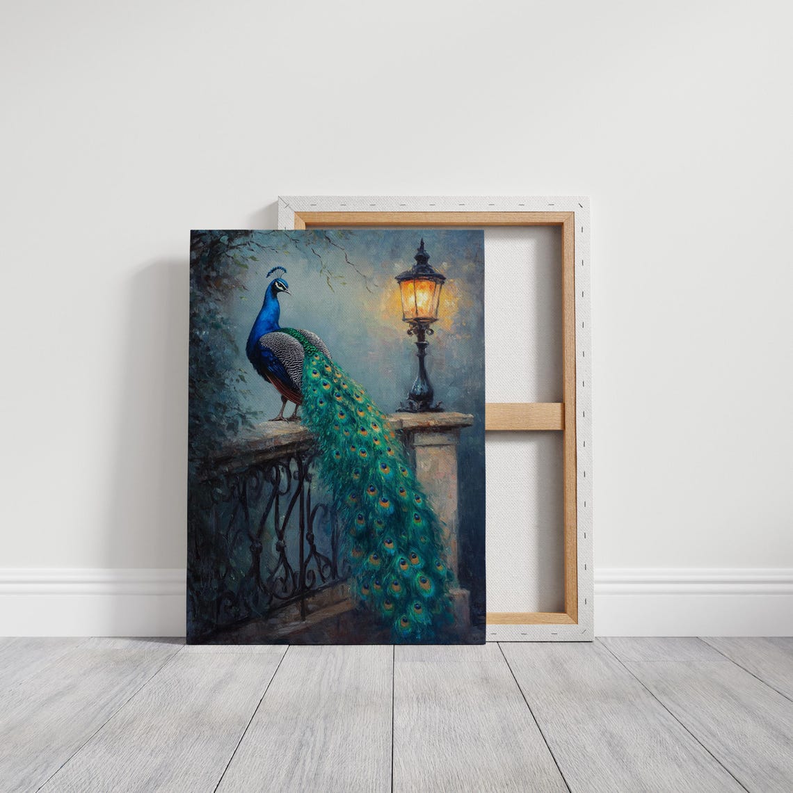 Peacock By Vintage Street Lamp Dusk Old World Painting Poster - Image 3