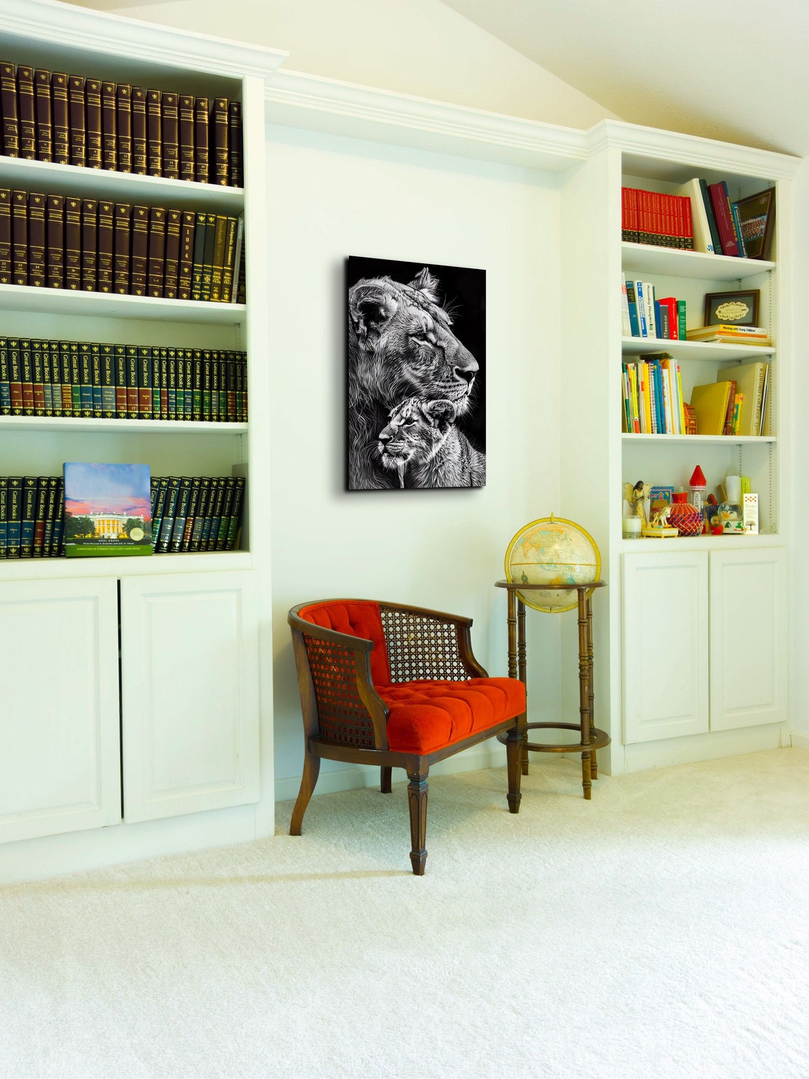 Black and White Lioness and Cub in Profile Beside Branches Poster - Image 3