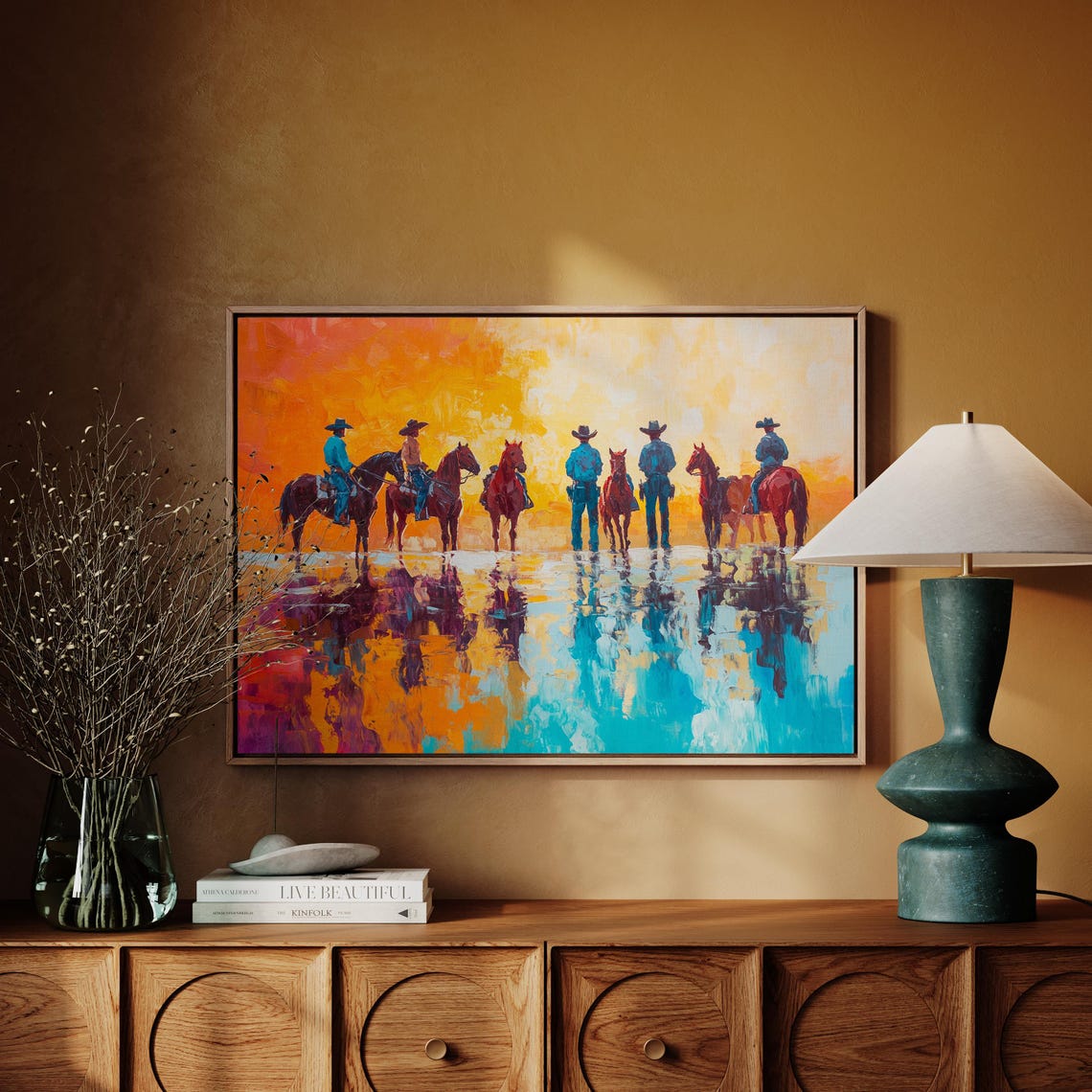 Vibrant Cowboy Reflection Art Western Sunset Riders Wall Decor Colorful Rustic Farmhouse Ranch Home Decor - Image 4