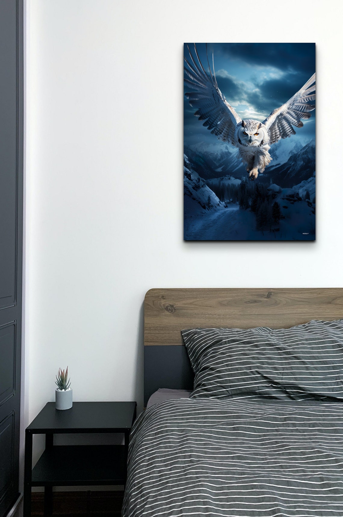 Snowy Owl Soaring Over Moonlit Mountains in the Night Sky Poster - Image 7