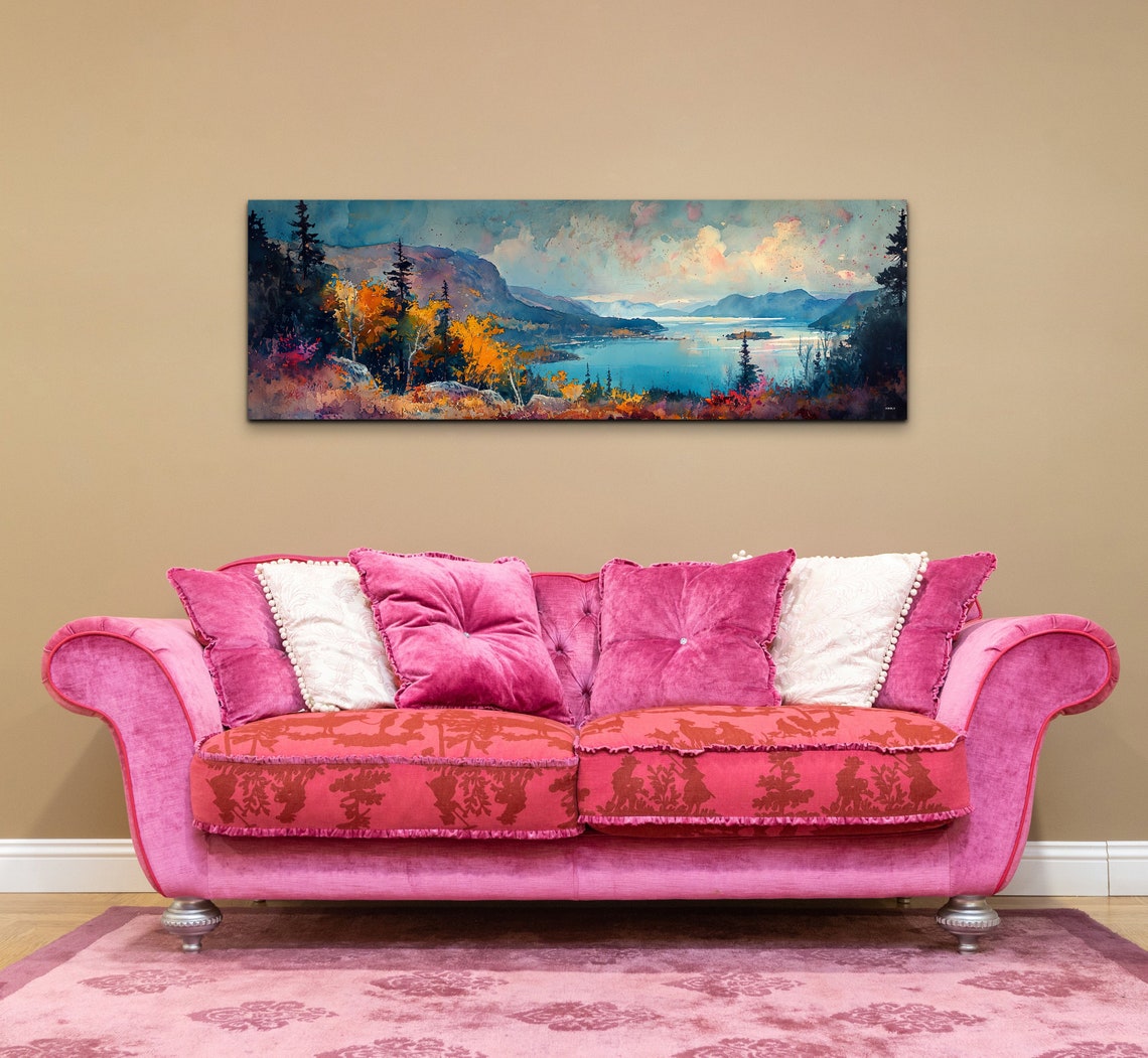 Panoramic Watercolor Mountain Lake Autumn Foliage Landscape Poster - Image 4