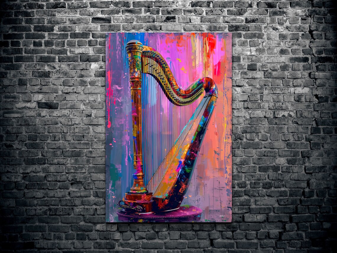 Pop Art Harp Golden Pink Modern Music Instrument Decor Wall Art - Image 2