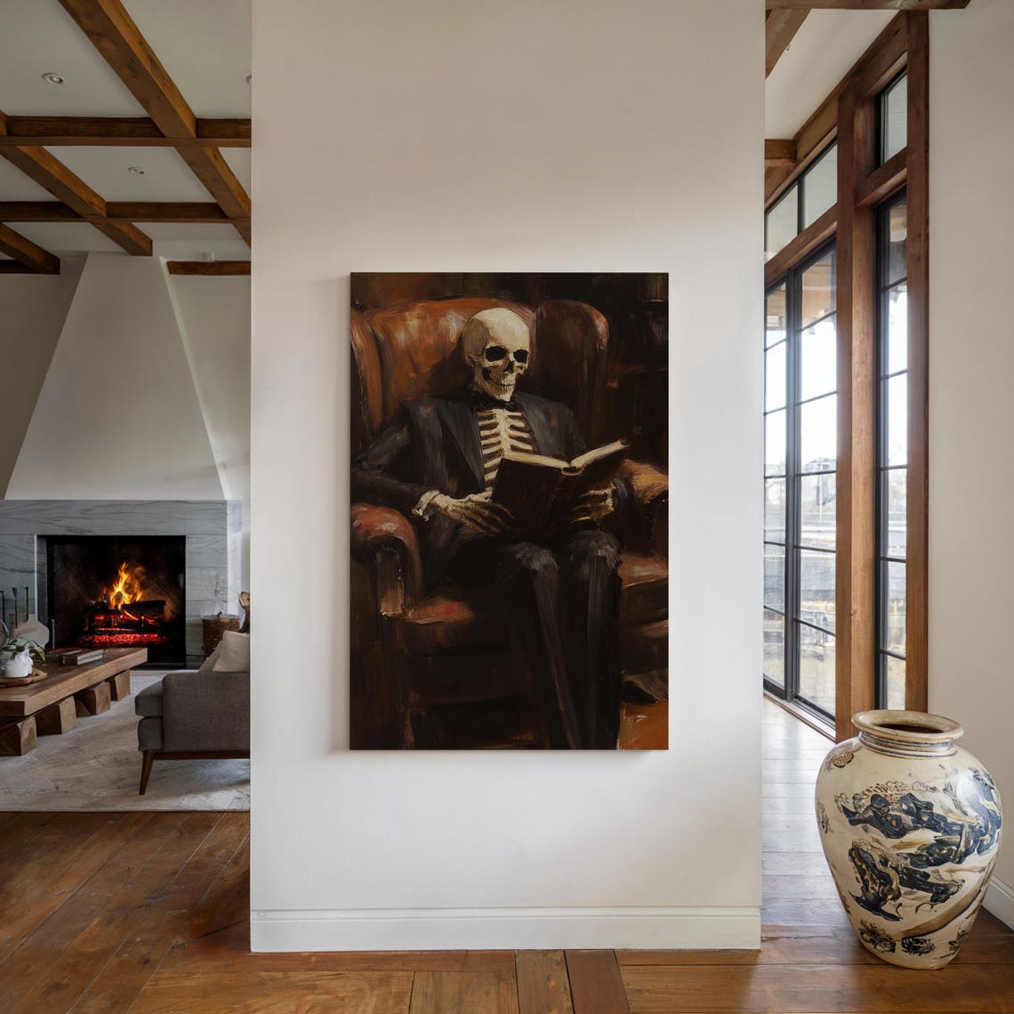 Skeleton Gentleman Reading a Book in a Leather Armchair Art Poster - Image 6