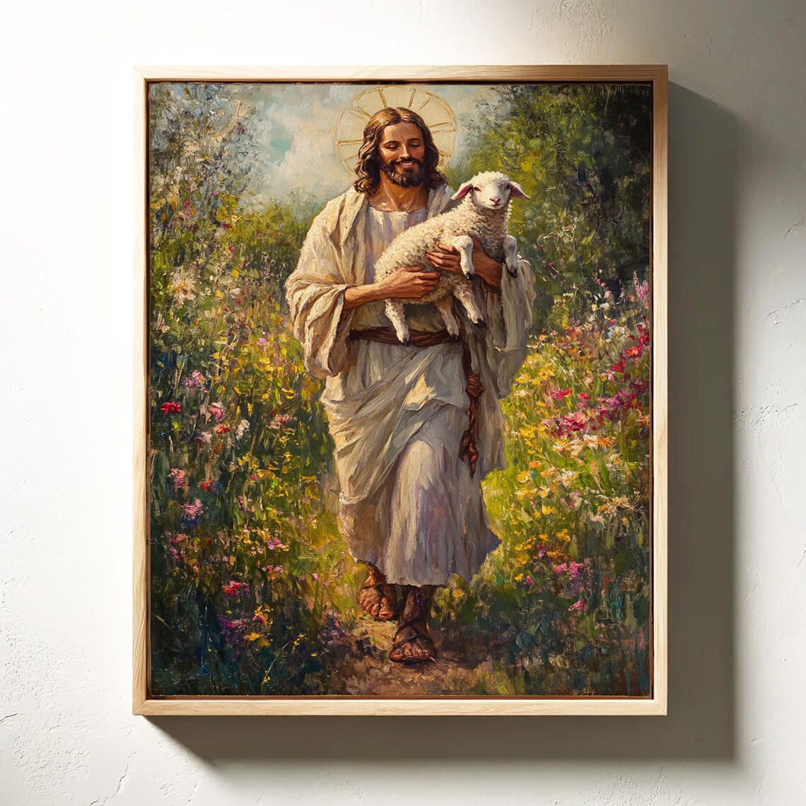 Jesus Christ Carrying Lamb Through Wildflower Meadow Good Shepherd Poster - Image 3