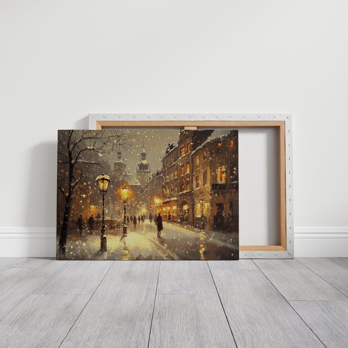Snowy Evening City Street Lamps Old Town Winter Night Poster - Image 3