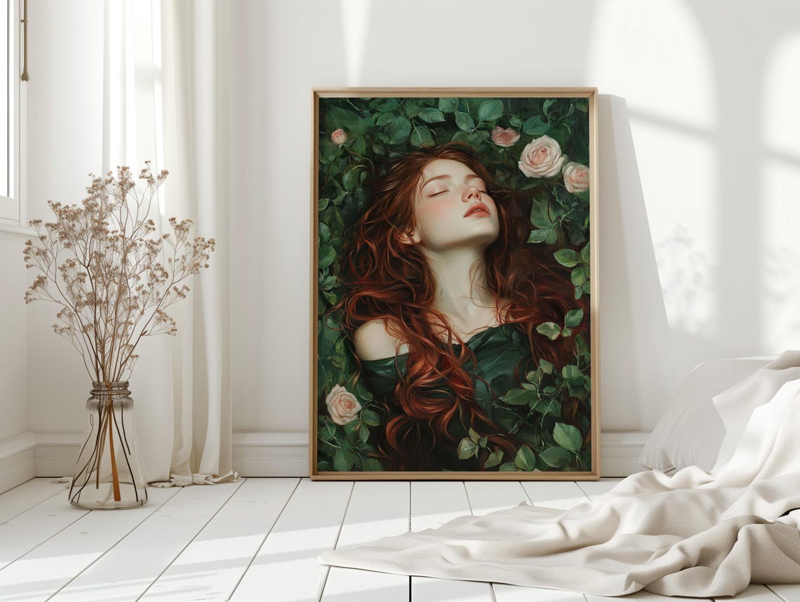 Redhead Woman In Roses And Greenery Dreamy Floral Portrait Poster