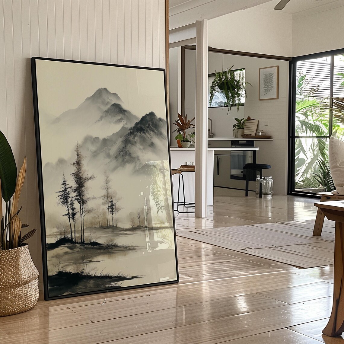 Ink Wash Misty Mountains with Pines Asian Style Zen Landscape Poster