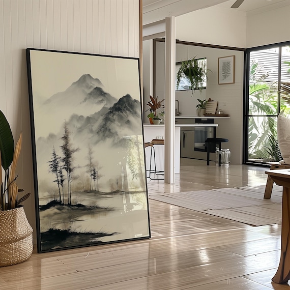 Ink Wash Misty Mountains with Pines Asian Style Zen Landscape Poster