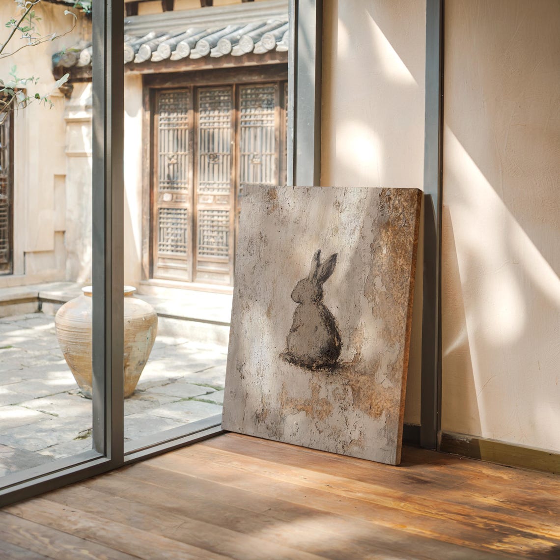 Gray Rabbit Silhouette From Behind on Textured Plaster Wall Poster - Image 7