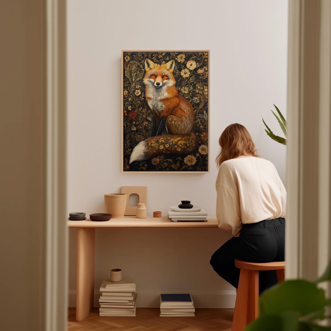 Red Fox Portrait Among Vintage Floral Vines Dark Wildlife Poster - Image 5