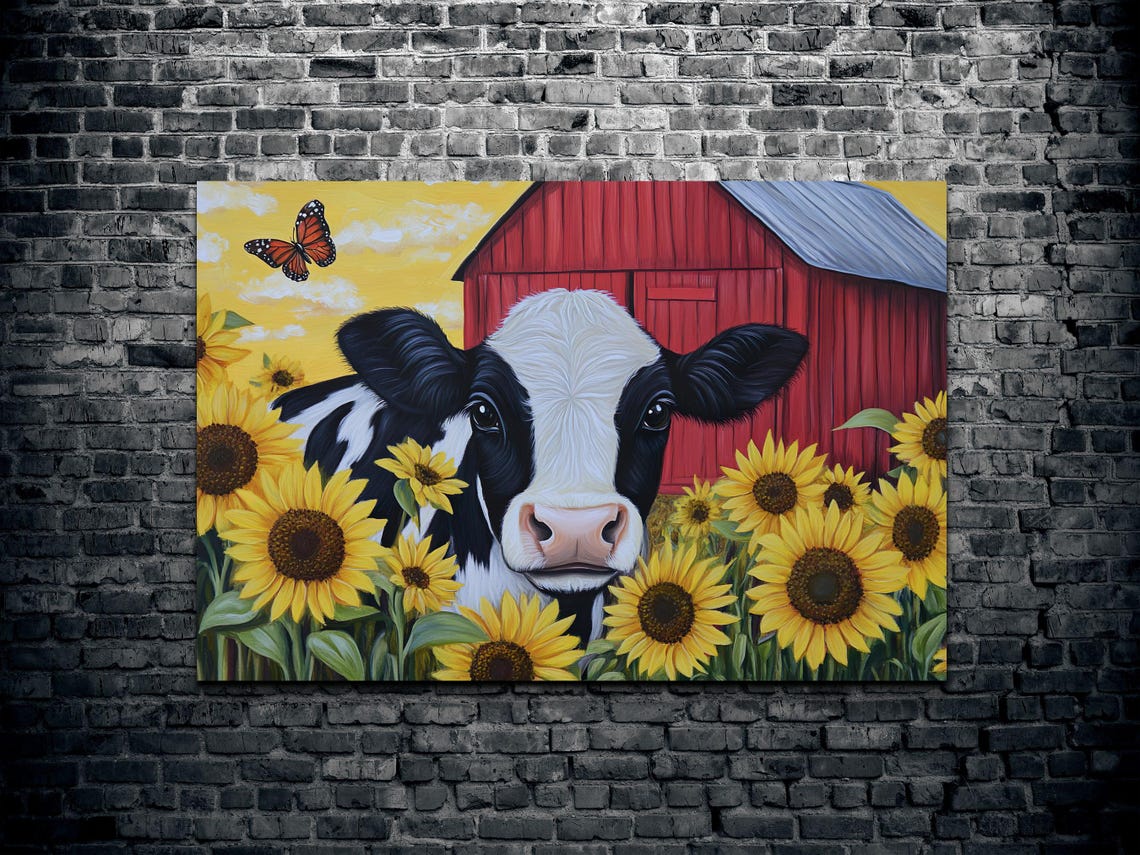 Black and White Cow Among Sunflowers Red Barn Country Poster - Image 2