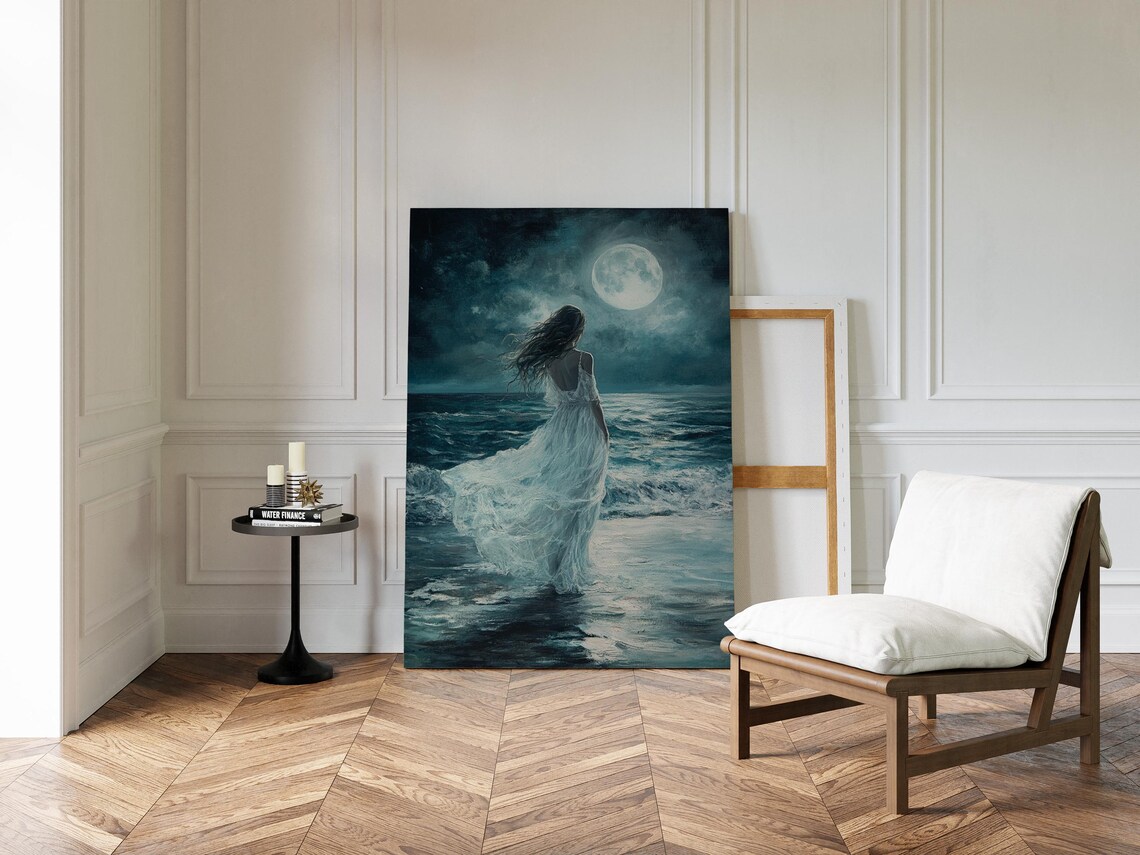 Woman Walking into Moonlit Ocean Ethereal Night Seascape Art Print - Image 4