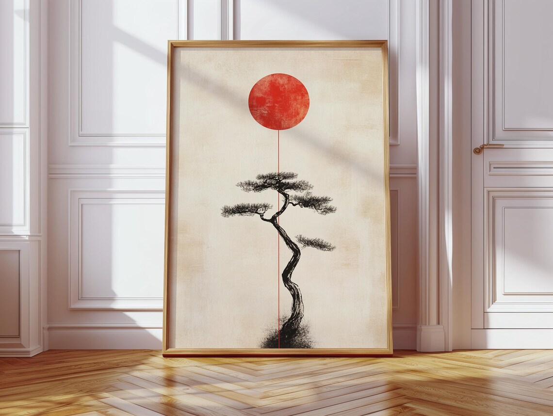 Japanese Pine Tree Red Sun Minimalist Zen Ink Painting Poster