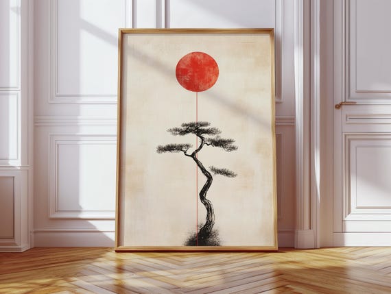 Japanese Bonsai Tree Print Sumie Ink Art Minimalist Zen Wall Decor Red Sun Asian Calligraphy Painting Wabi Sabi