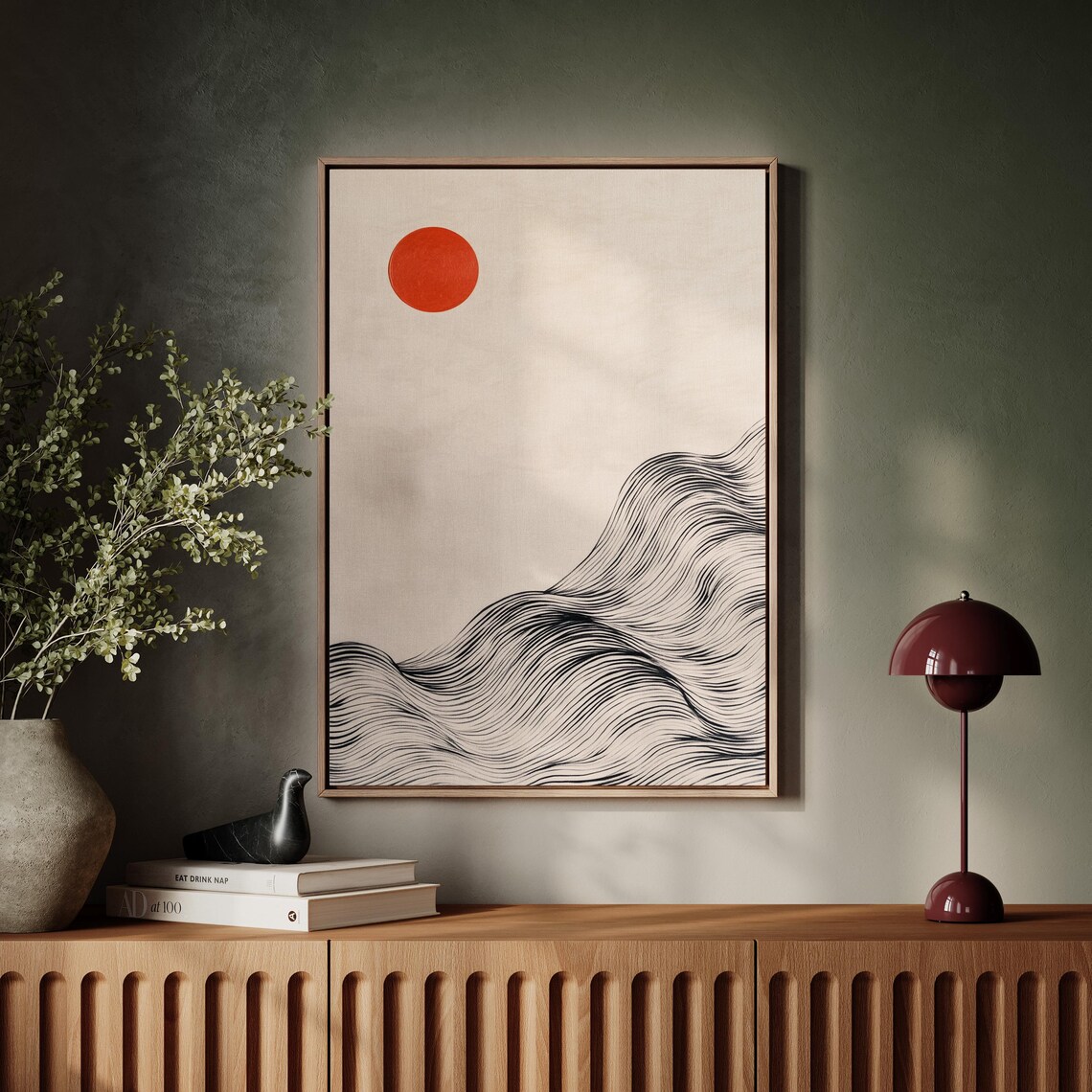 Minimalist Red Sun And Ink Waves Japanese Zen Abstract Poster - Image 6