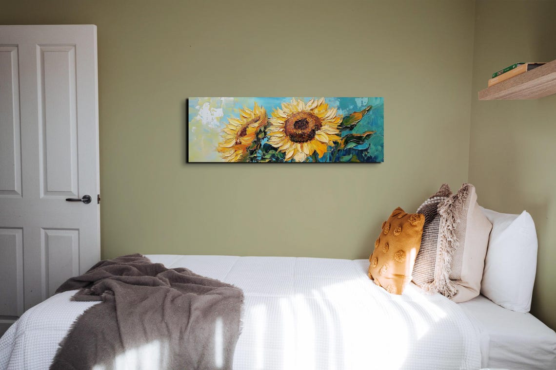 Two Large Sunflowers Golden Teal Impasto Panoramic Art Poster - Image 7