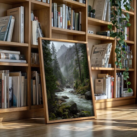 Mountain River Art Print, Misty Forest Landscape