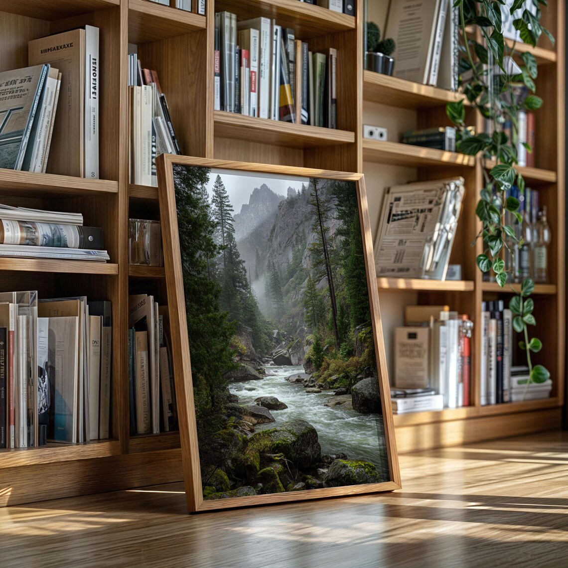 Mountain River Art Print, Misty Forest Landscape