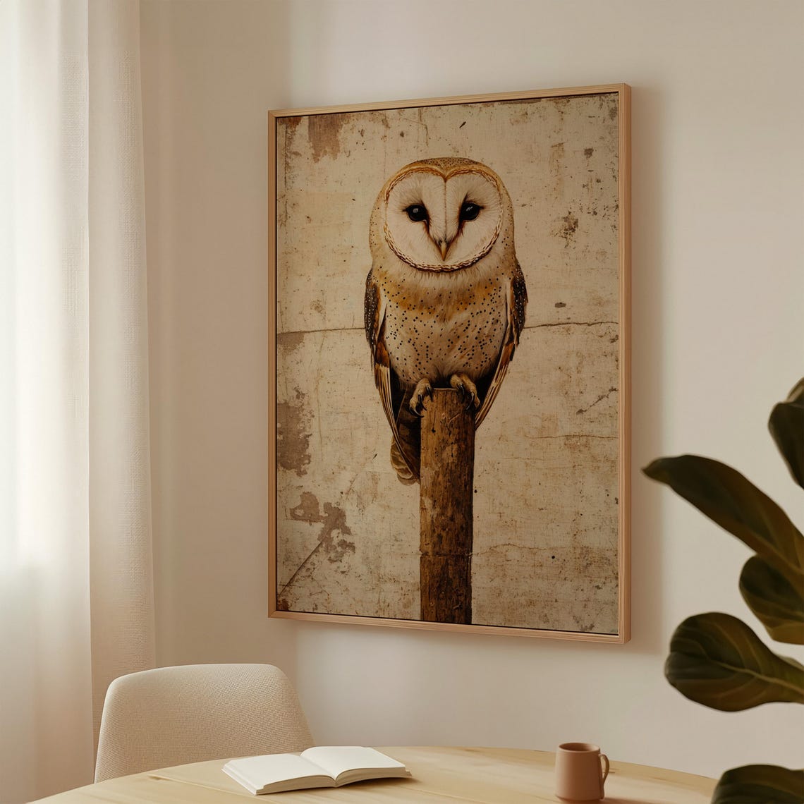 Barn Owl Perched on Post Rustic Vintage Wildlife Portrait Art Poster