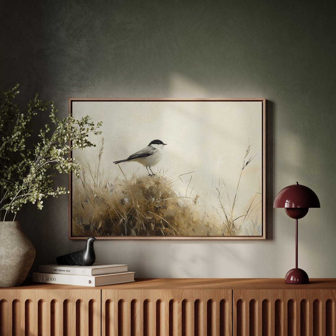 Small Bird Perched In Golden Grasses Minimalist Neutral Nature Poster